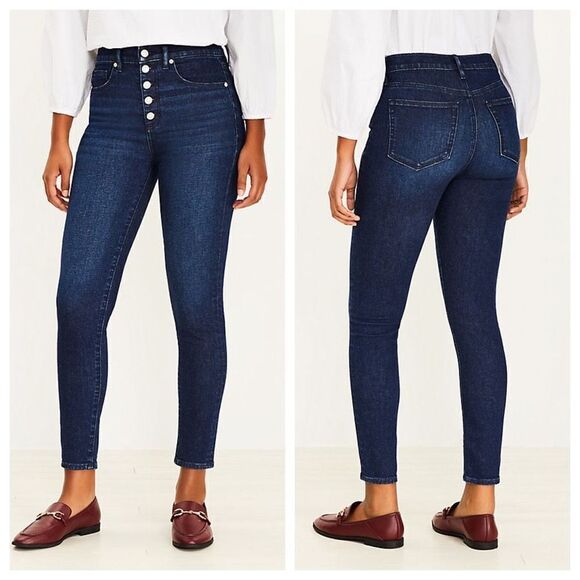Loft Modern Skinny Button Front High-Rise Dark‎ Wash Jeans NWOT 27 Size 4 - Picture 1 of 14